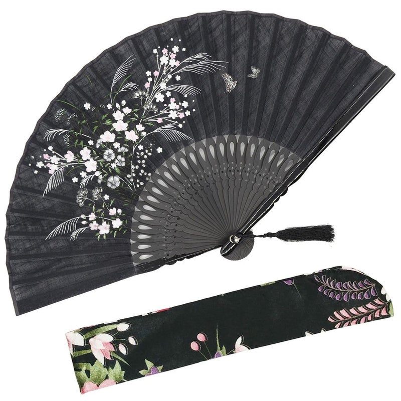 OMyTea Folding Hand Fan for Women - Foldable Japanese Chinese Oriental Vintage Retro Bamboo Silk Fan - for Church, Decoration, Hot Flash, Dance, Performance, Party, Gift (Black Grassflowers) - Image 1